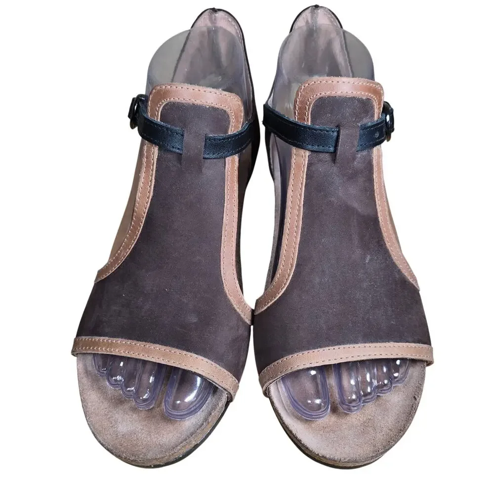 Naot Sandals 37 / 6.5-7 Fiona Beige Lizard Brown Leather Comfort Wedge Worn 1x